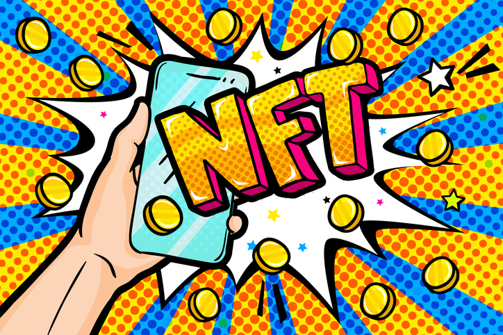 Concept of non fungible token. Hand holding a phone with Text NFT in pop art style. Pay for unique collectibles in games or art. Vector illustration.