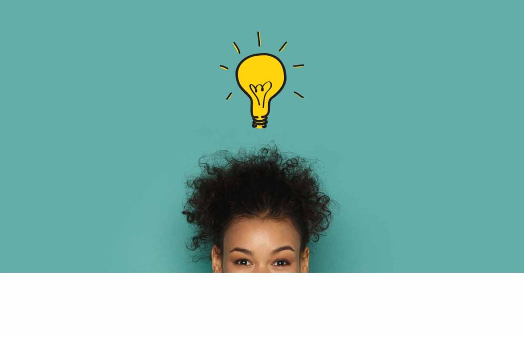Brainstorming and inspiration concept. Glowing idea lamp above african woman head, turquoise panorama background