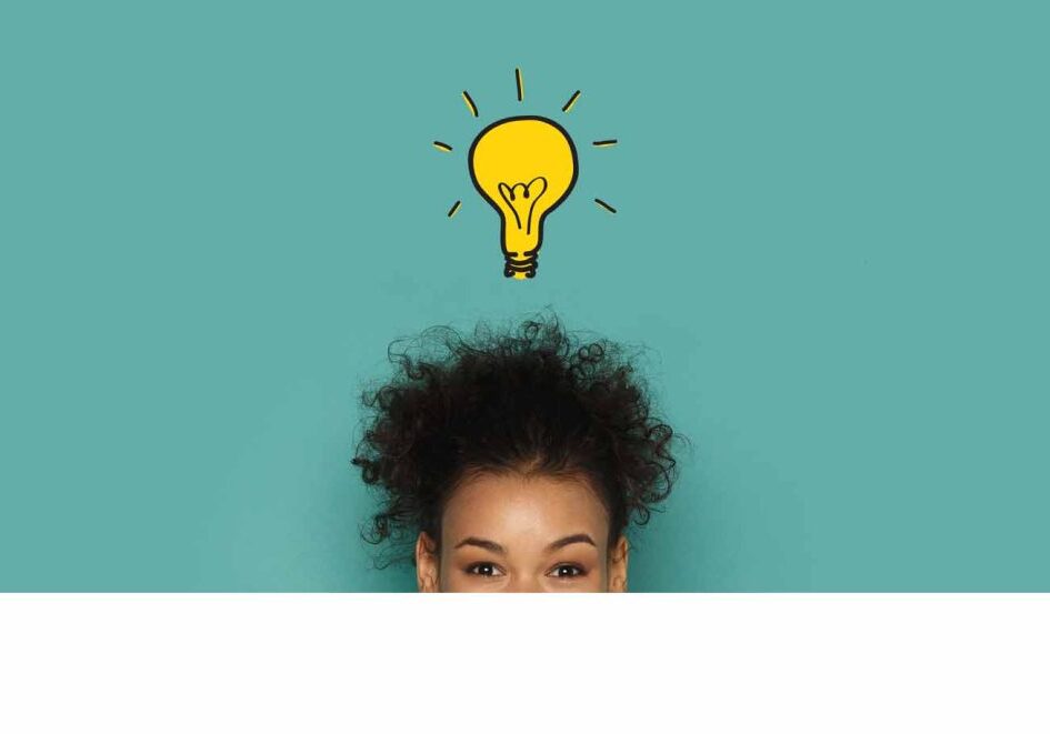 Brainstorming and inspiration concept. Glowing idea lamp above african woman head, turquoise panorama background
